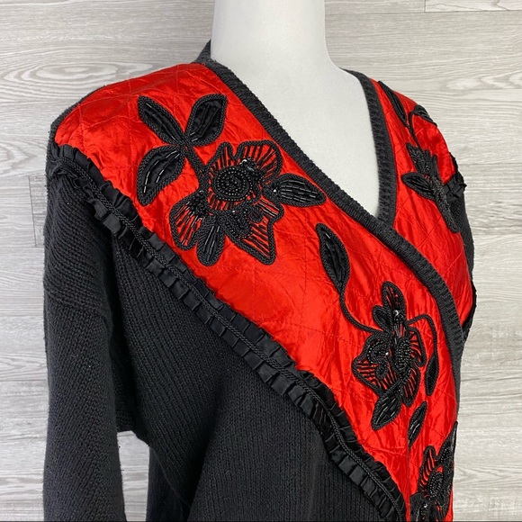 Bonnie & Bill Beaded vtg Floral Red Black Sweater - Picture 5 of 7